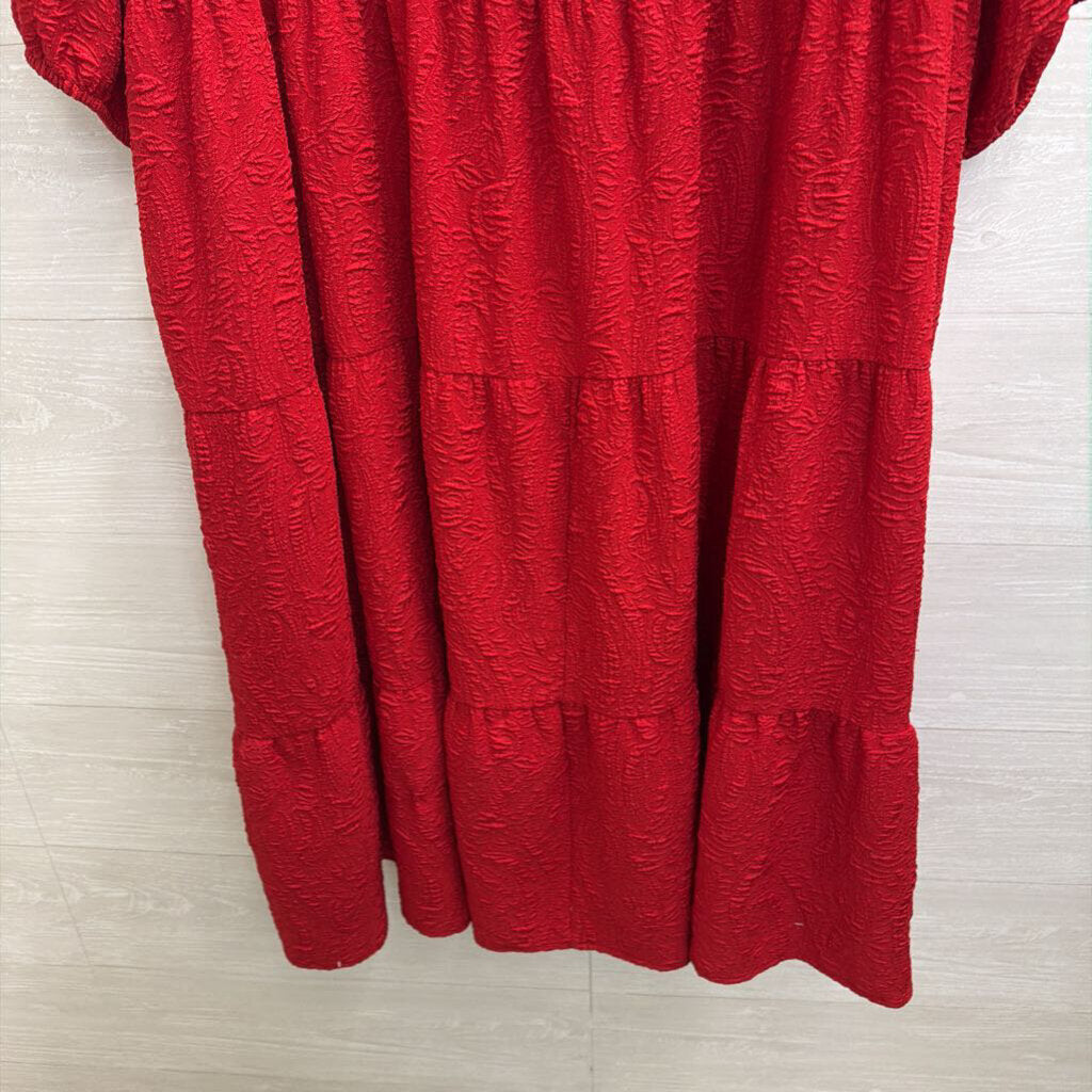 Ava and Viv Red Textured Print Puff Sleeve Midi Dress 2X