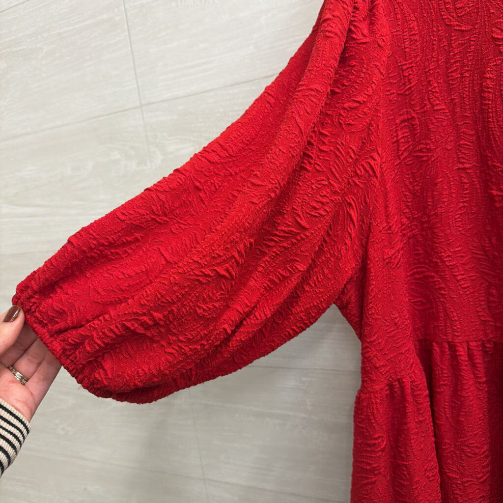 Ava and Viv Red Textured Print Puff Sleeve Midi Dress 2X