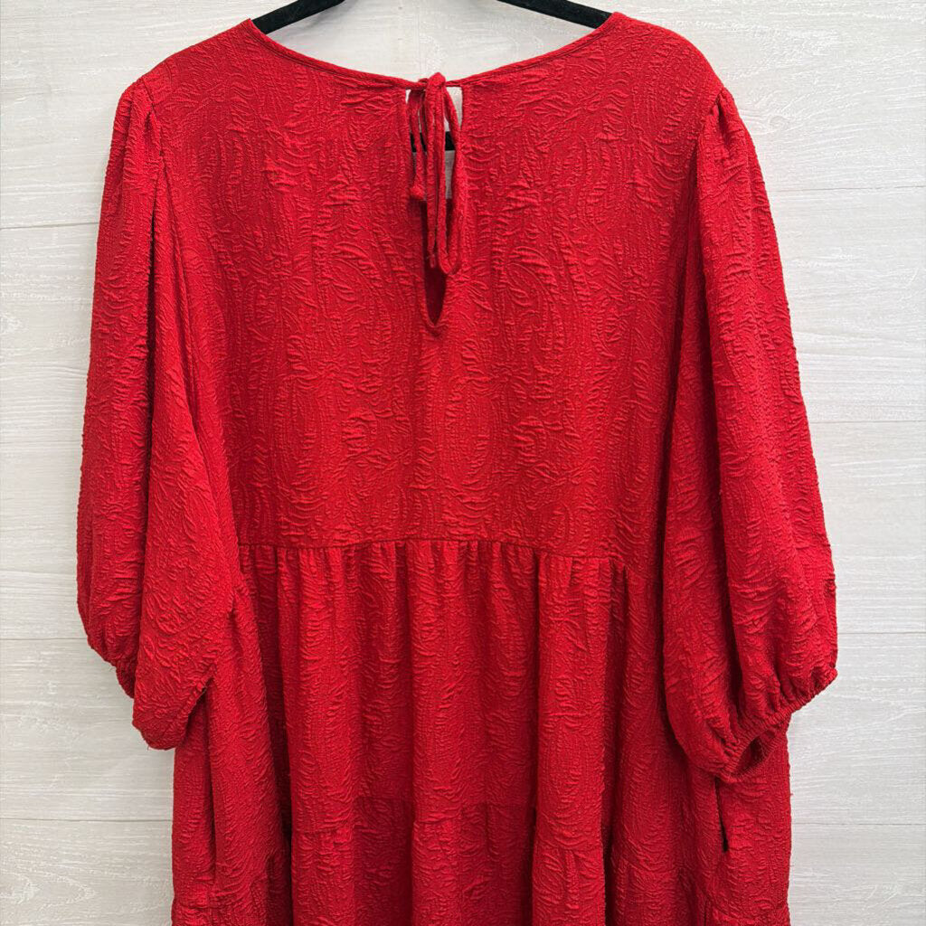 Ava and Viv Red Textured Print Puff Sleeve Midi Dress 2X