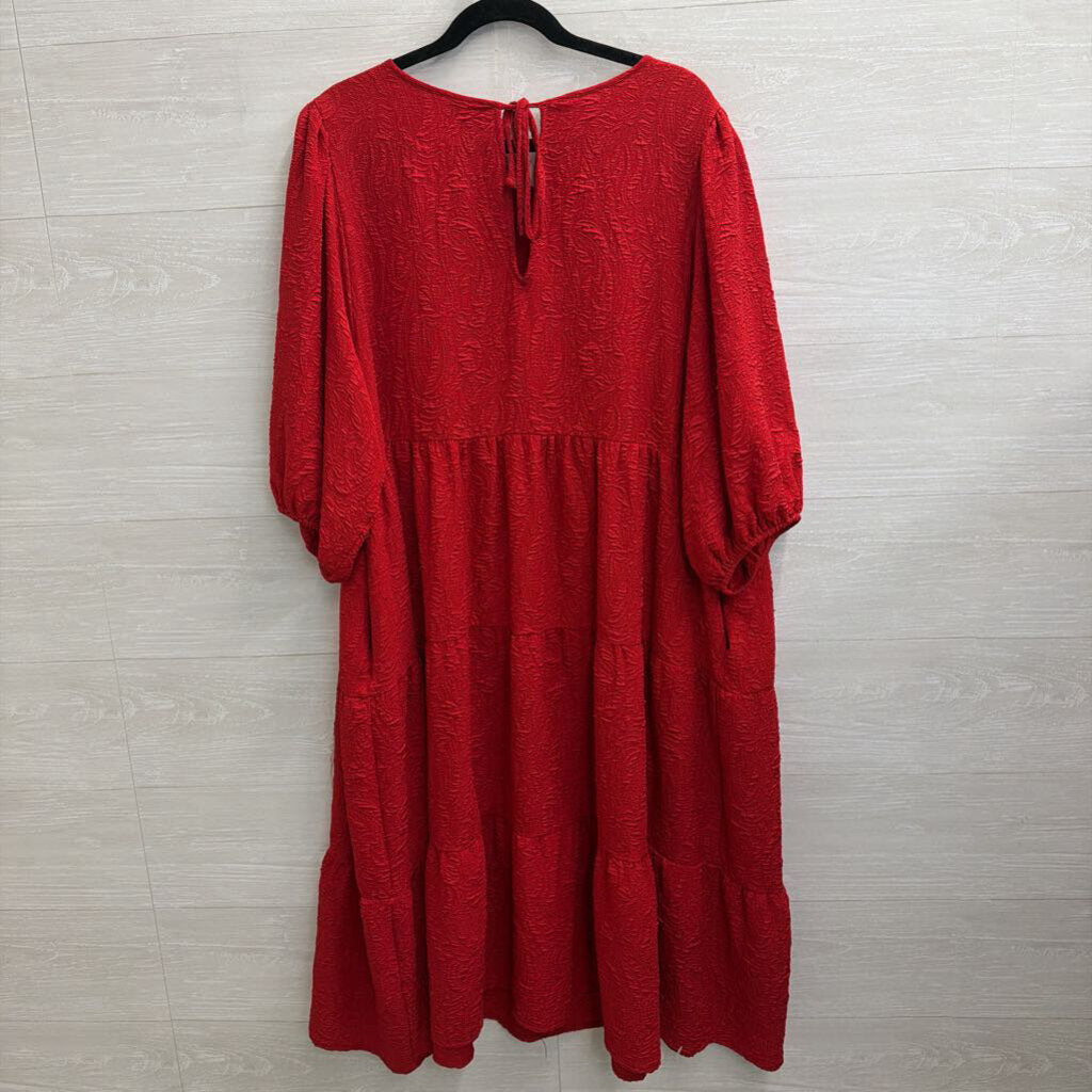 Ava and Viv Red Textured Print Puff Sleeve Midi Dress 2X