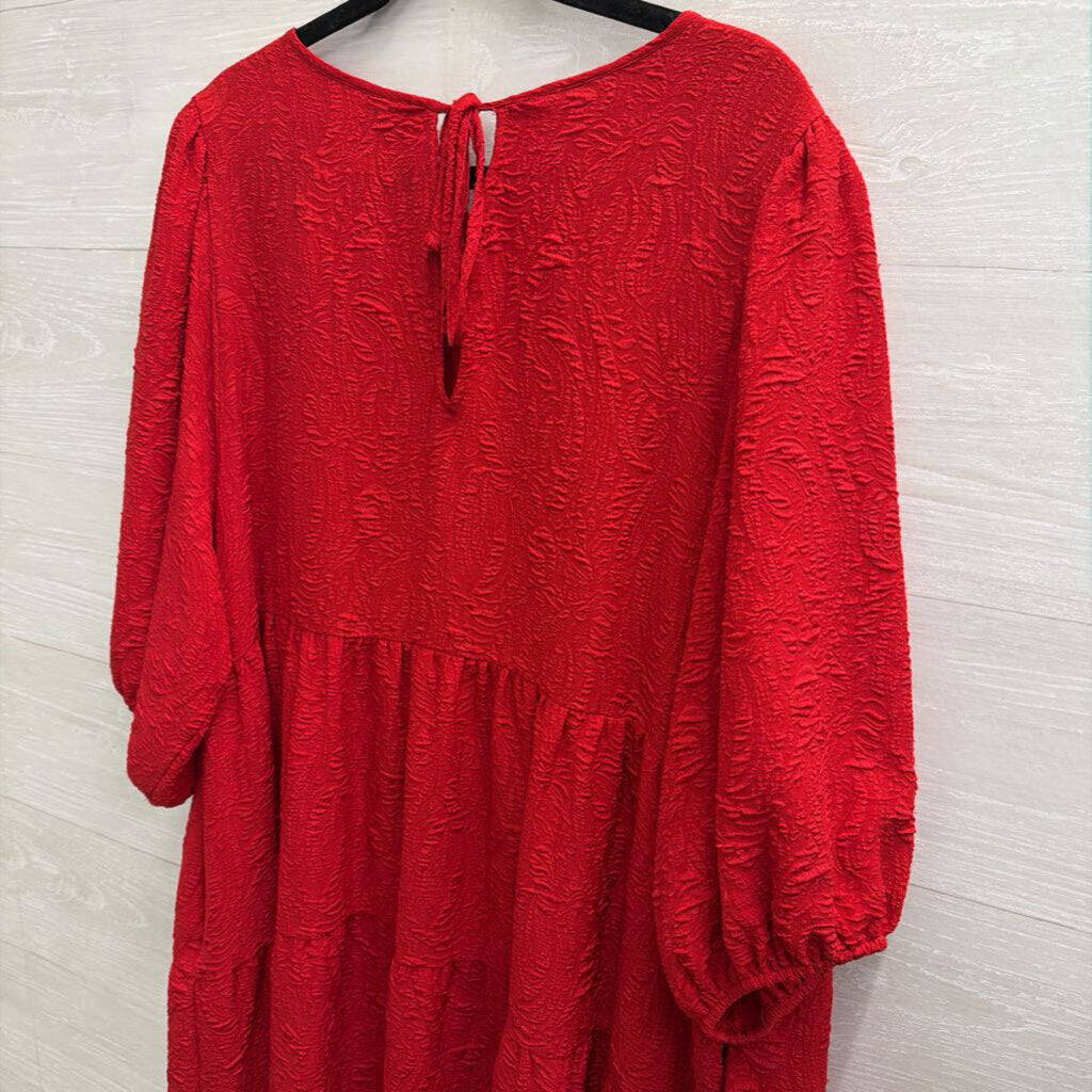 Ava and Viv Red Textured Print Puff Sleeve Midi Dress 2X