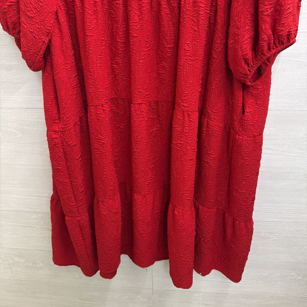 Ava and Viv Red Textured Print Puff Sleeve Midi Dress 2X