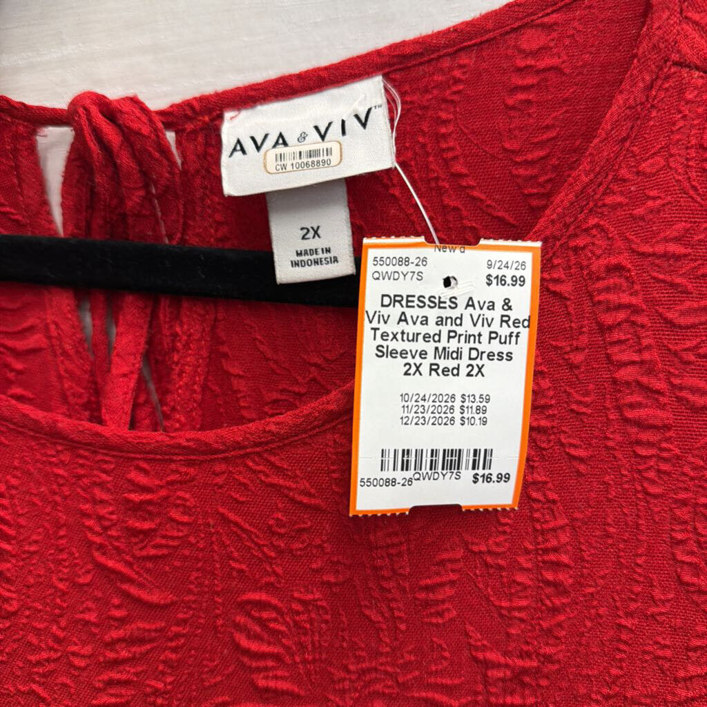 Ava and Viv Red Textured Print Puff Sleeve Midi Dress 2X