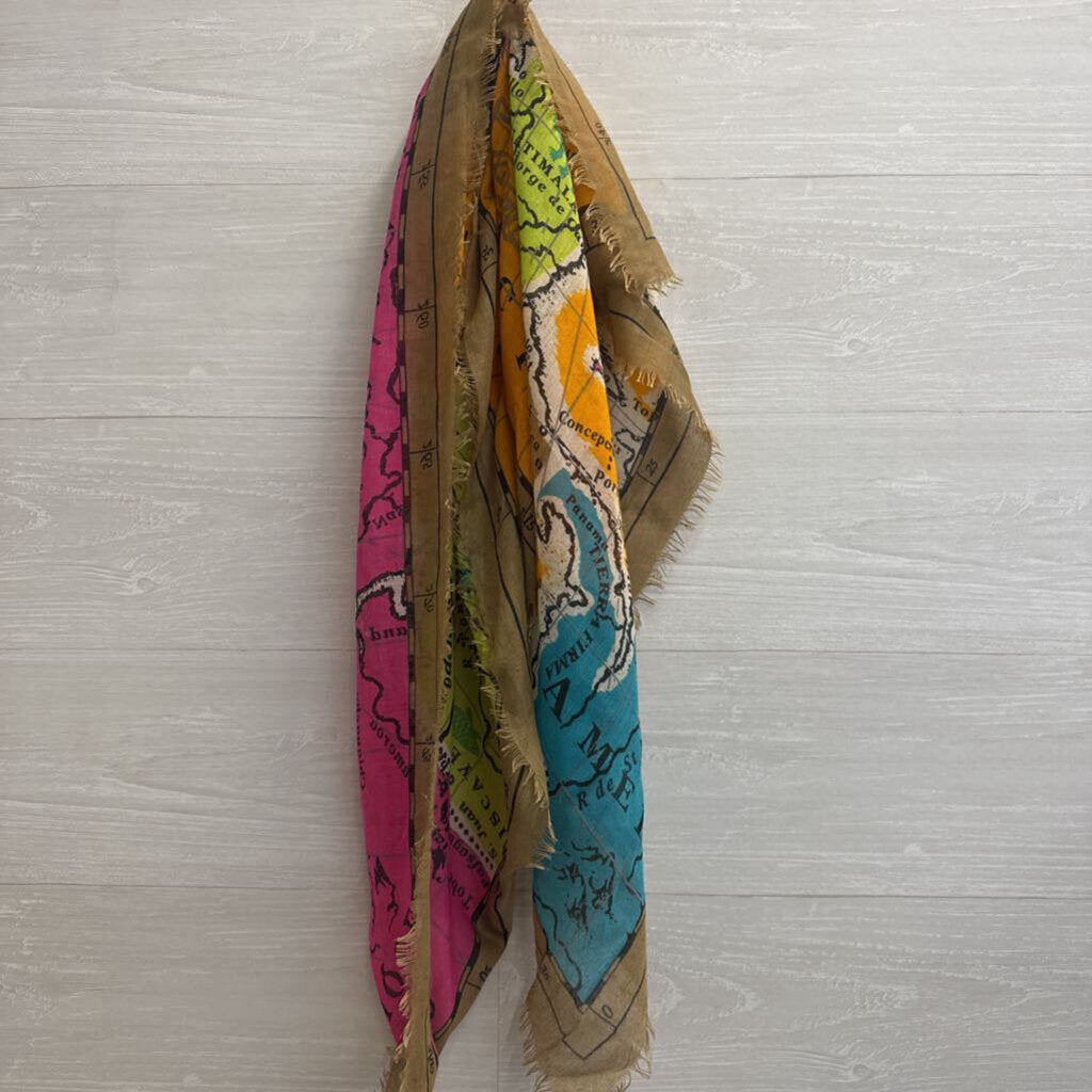 Beige/ Multi Colorful Map Print Scarf