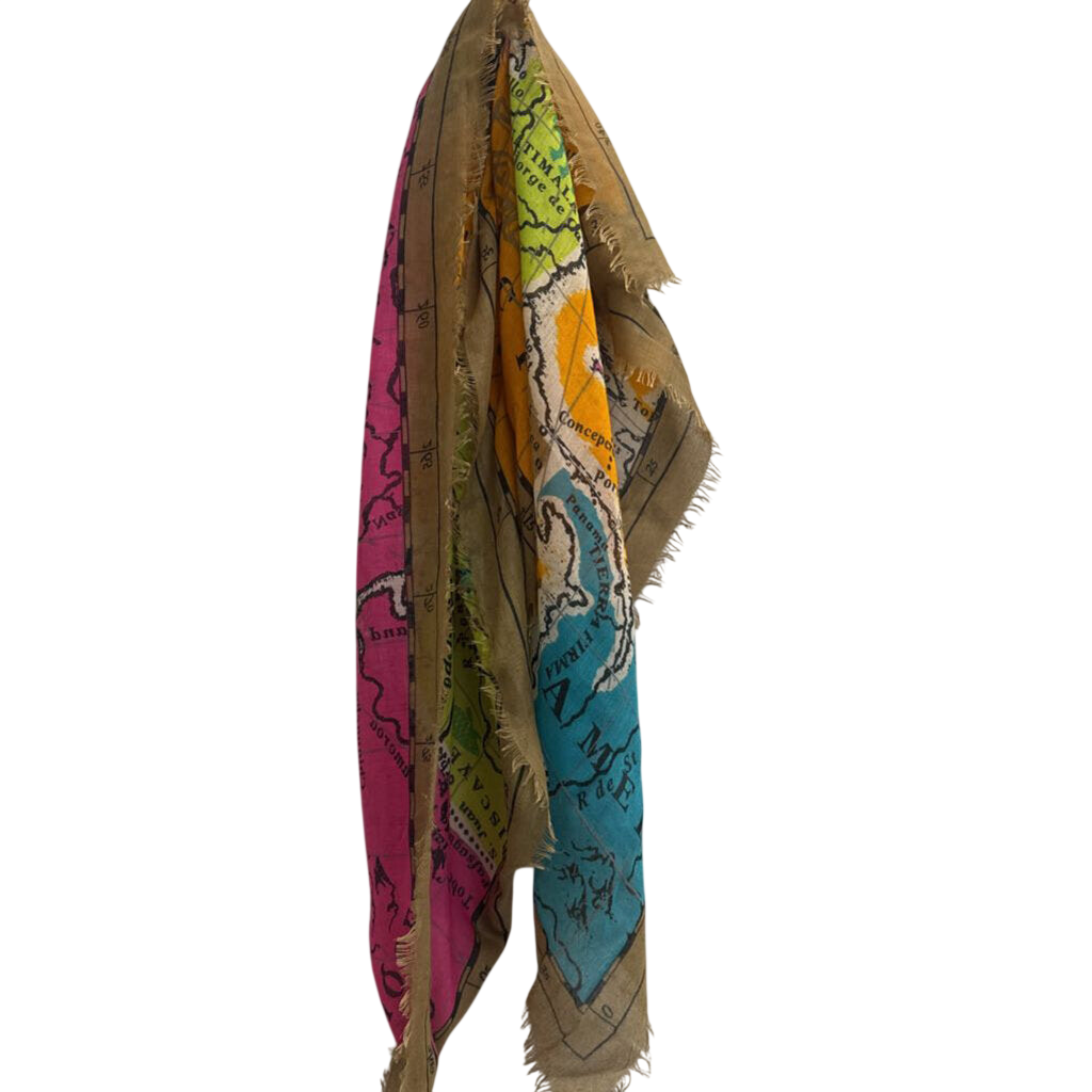 Beige/ Multi Colorful Map Print Scarf