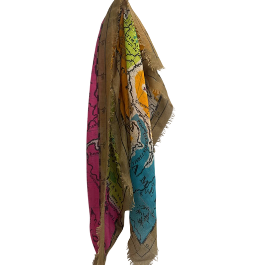 Beige/ Multi Colorful Map Print Scarf