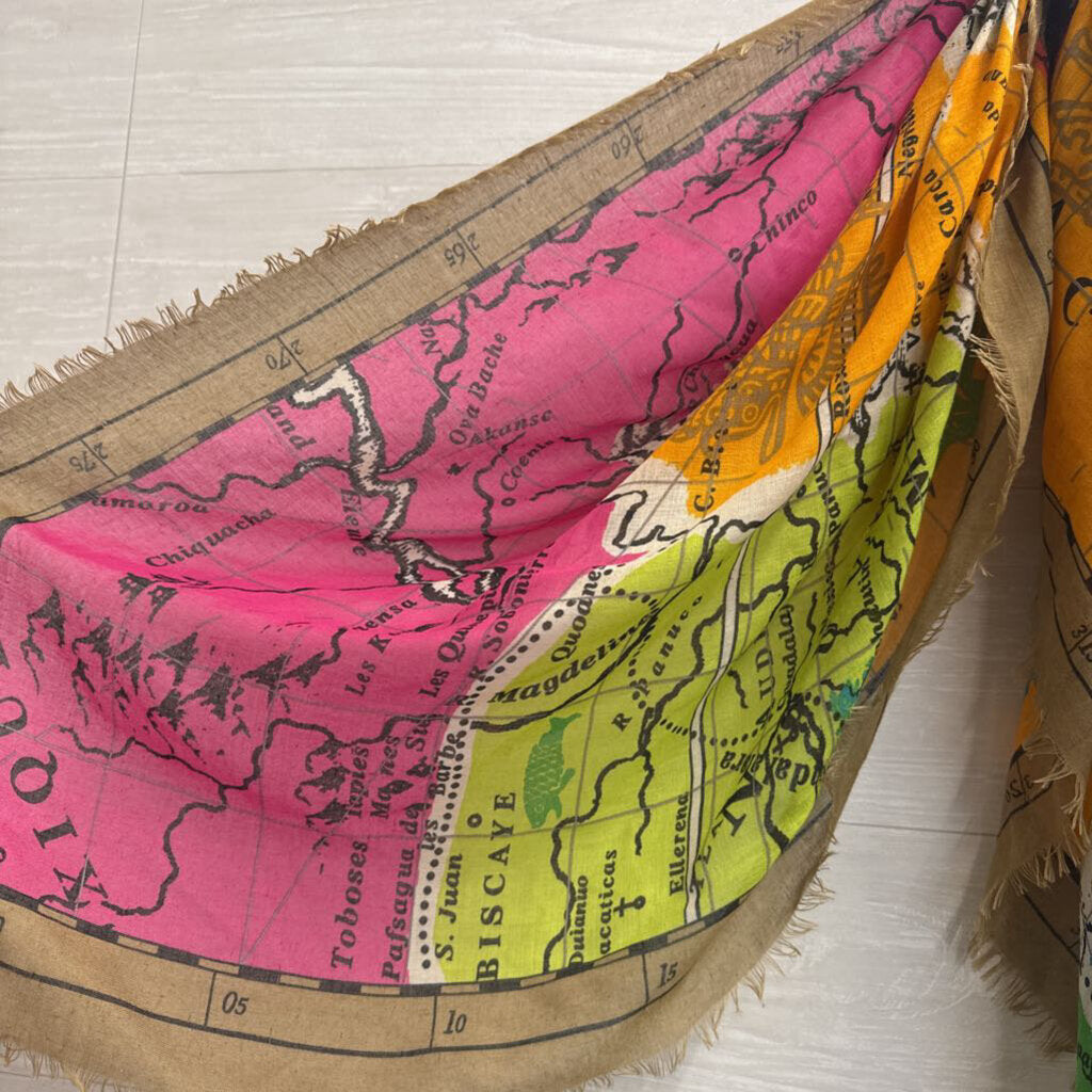 Beige/ Multi Colorful Map Print Scarf