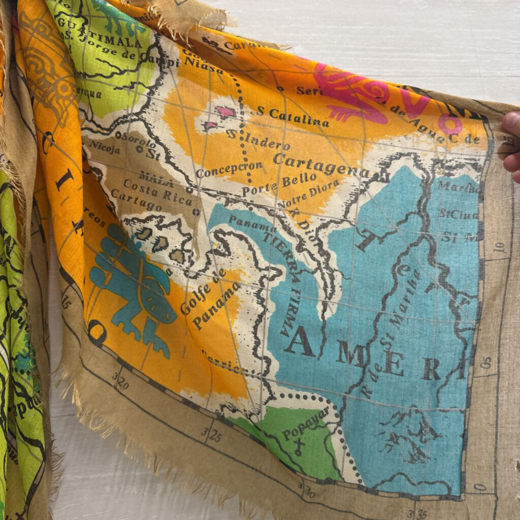 Beige/ Multi Colorful Map Print Scarf