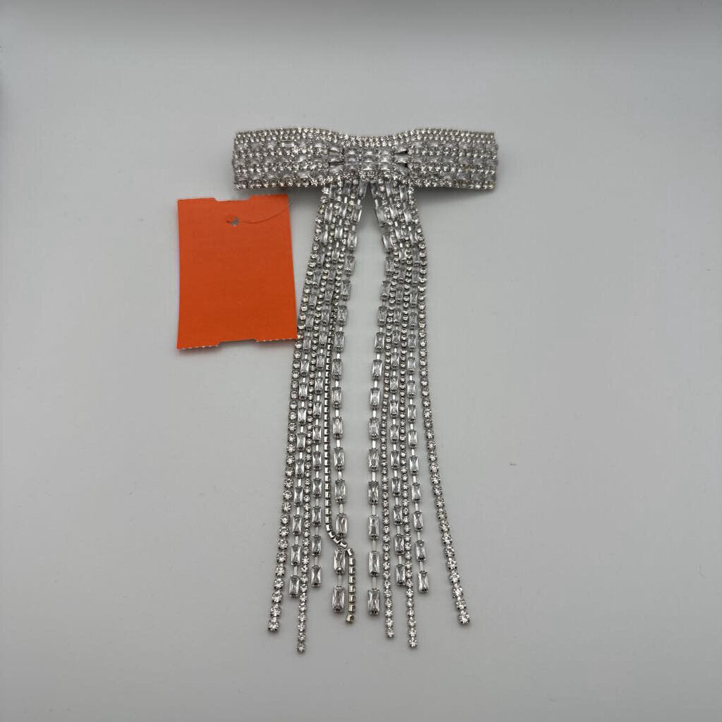 Silver Rhinestone Tassel Bow Hair Clip