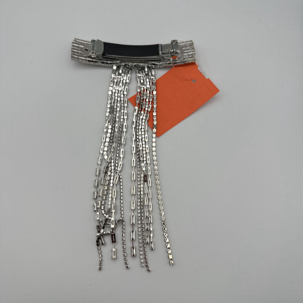 Silver Rhinestone Tassel Bow Hair Clip
