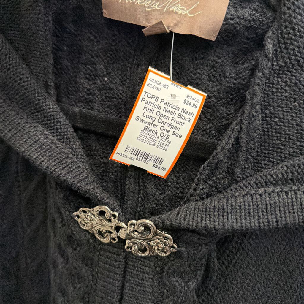 Patricia Nash Black Knit Open Front Long Cardigan Sweater One Size