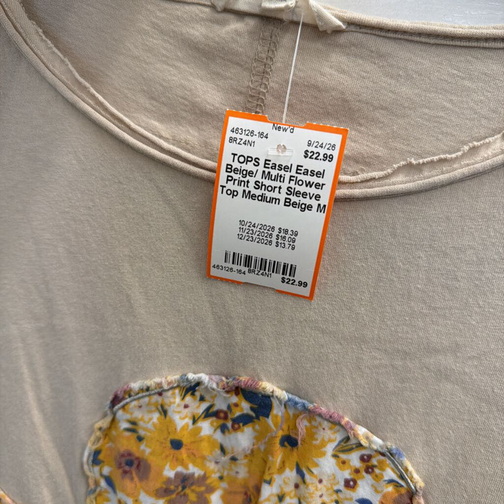 Easel Beige/ Multi Flower Print Short Sleeve Top Medium