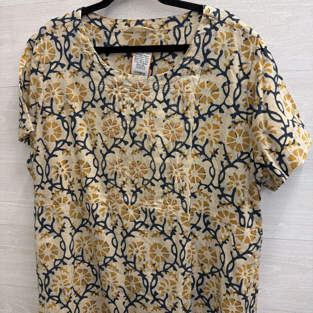 Market Place Beige/ Navy Print Short Sleeve Midi Dress 2W