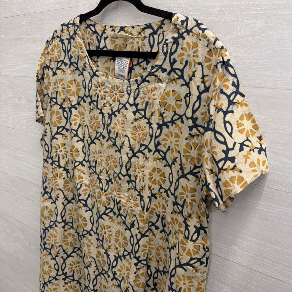Market Place Beige/ Navy Print Short Sleeve Midi Dress 2W