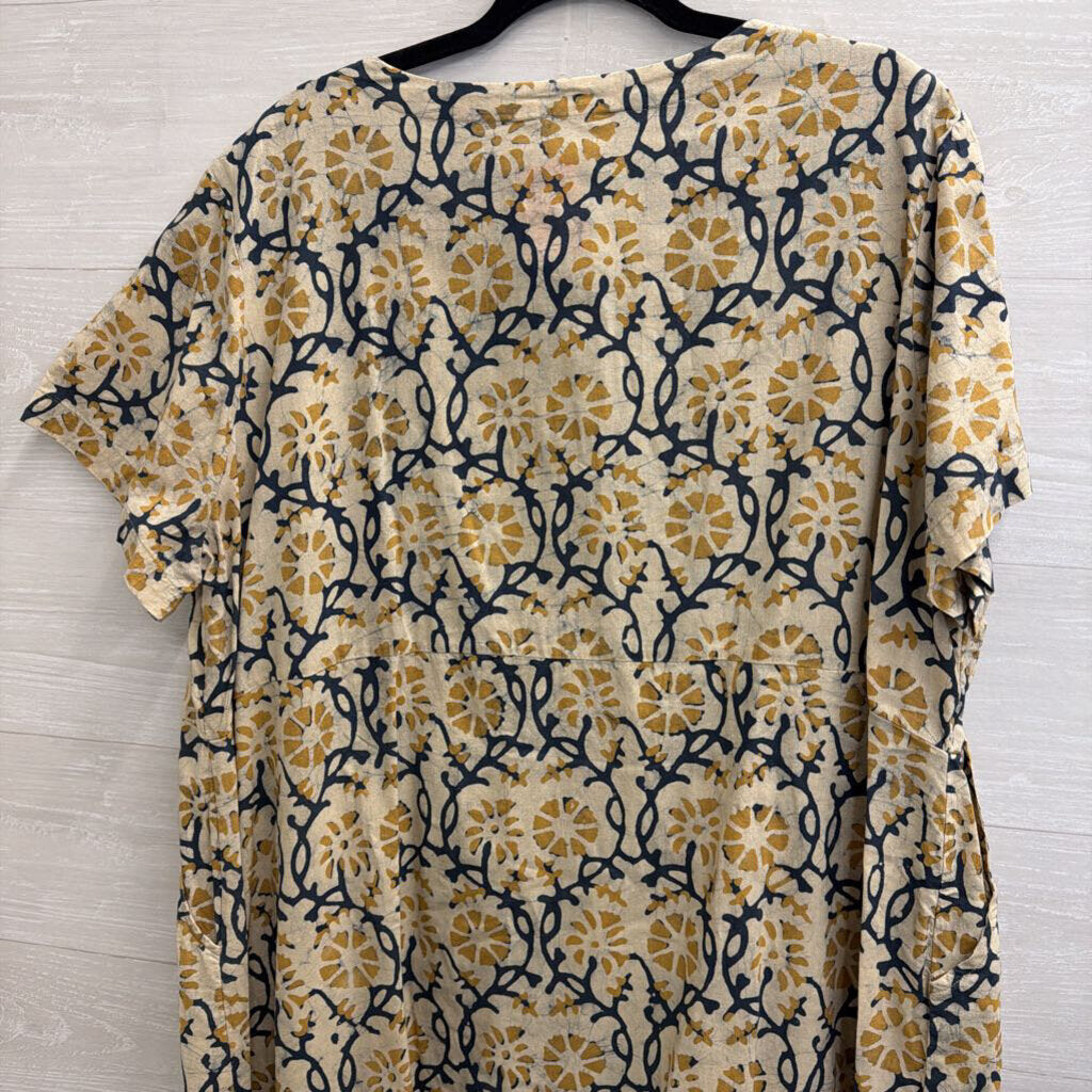 Market Place Beige/ Navy Print Short Sleeve Midi Dress 2W