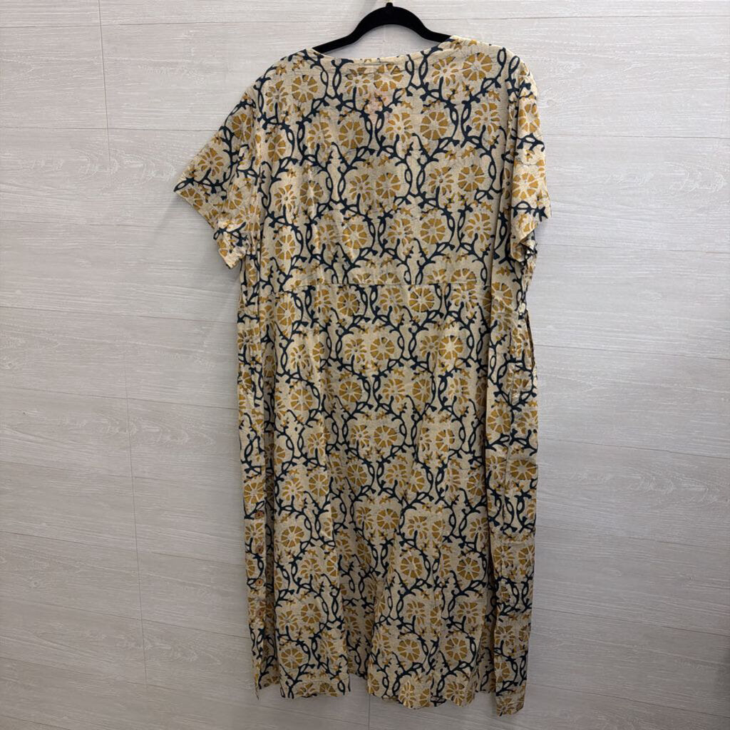 Market Place Beige/ Navy Print Short Sleeve Midi Dress 2W