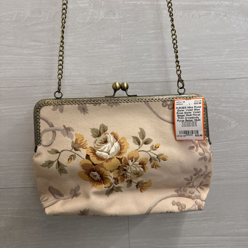Miss Rose Sister Violet Beige/ Multi Floral Print Crossbody Purse