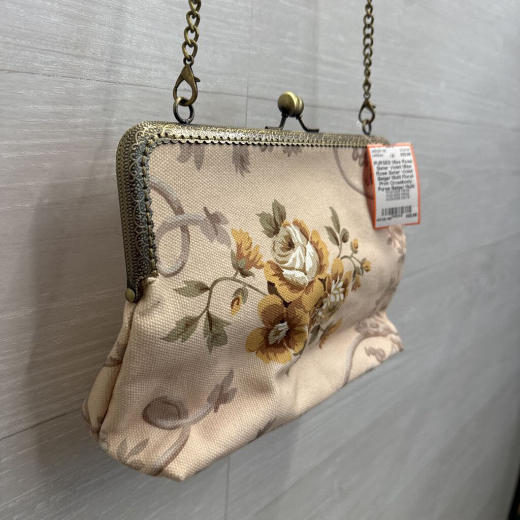 Miss Rose Sister Violet Beige/ Multi Floral Print Crossbody Purse