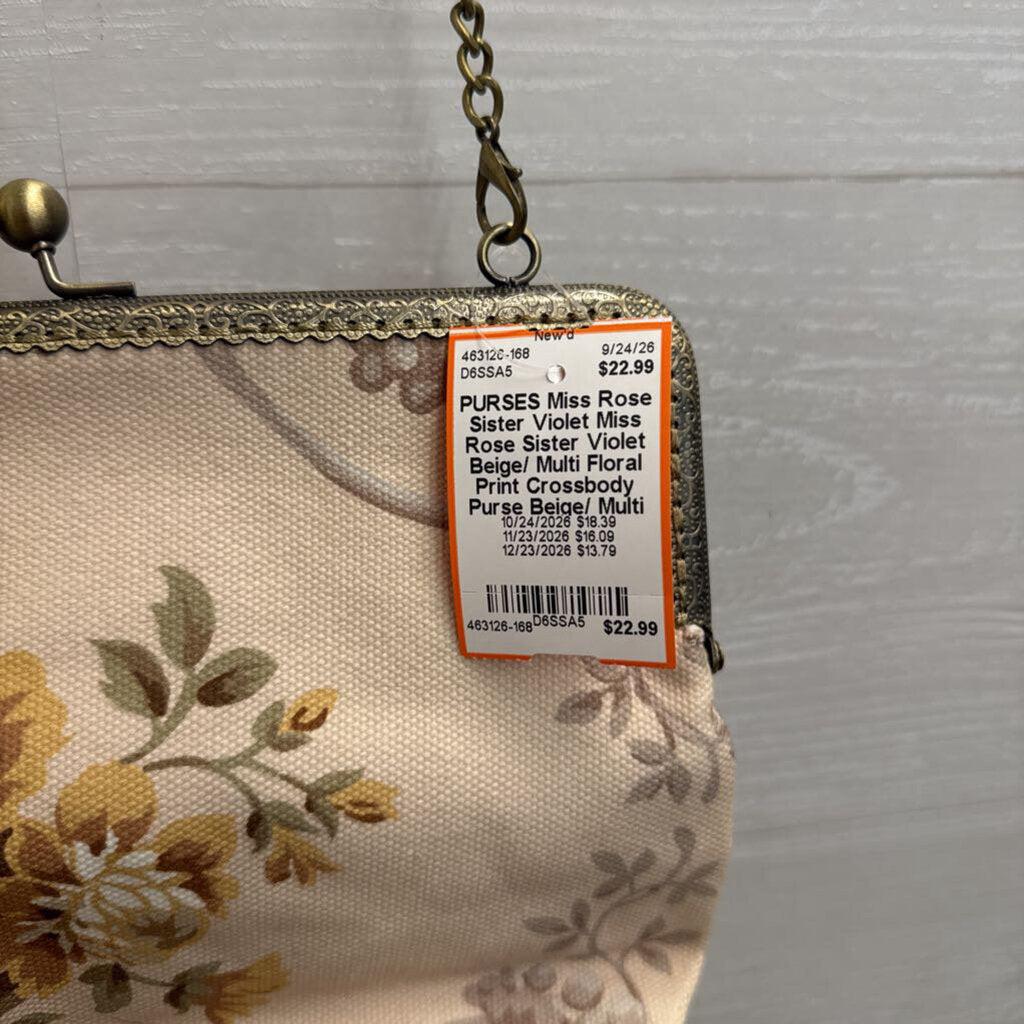 Miss Rose Sister Violet Beige/ Multi Floral Print Crossbody Purse