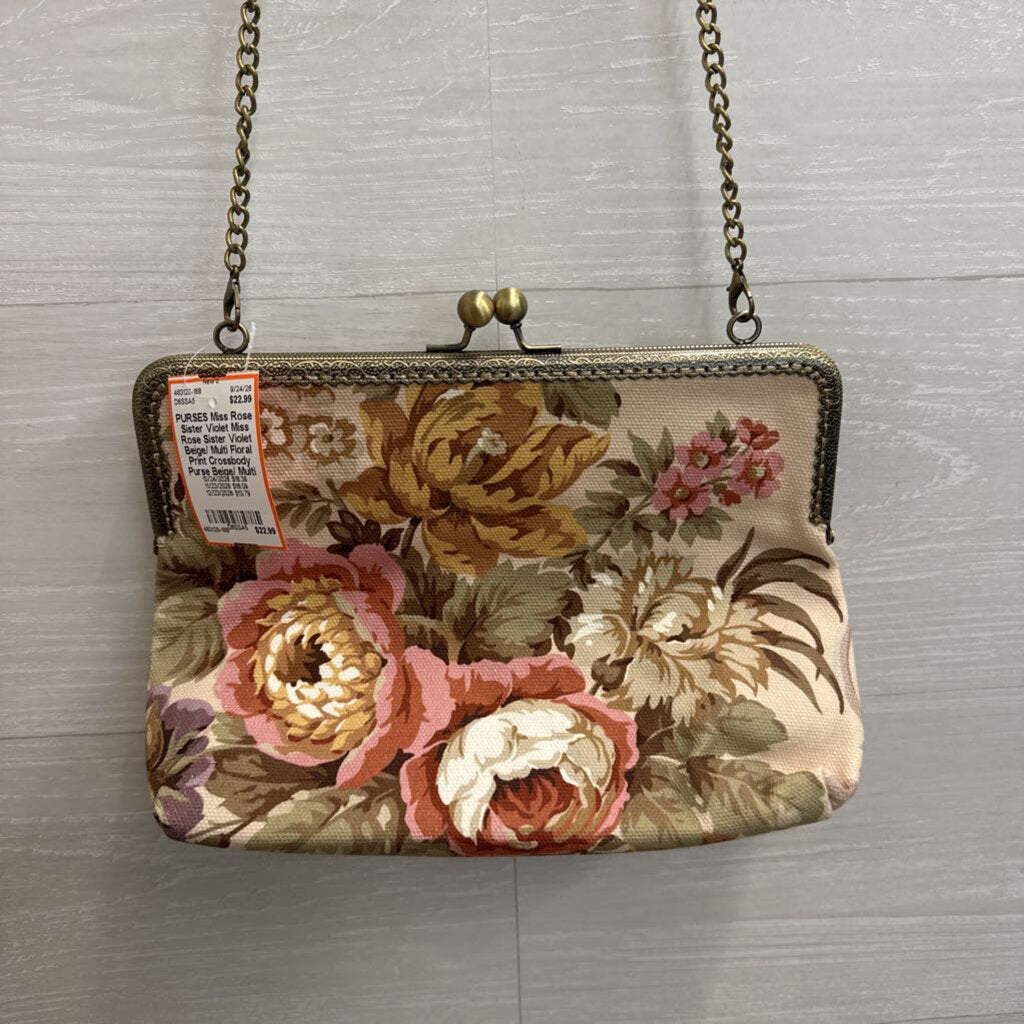 Miss Rose Sister Violet Beige/ Multi Floral Print Crossbody Purse