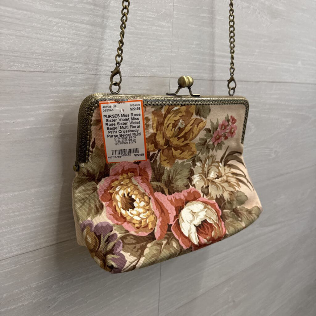 Miss Rose Sister Violet Beige/ Multi Floral Print Crossbody Purse