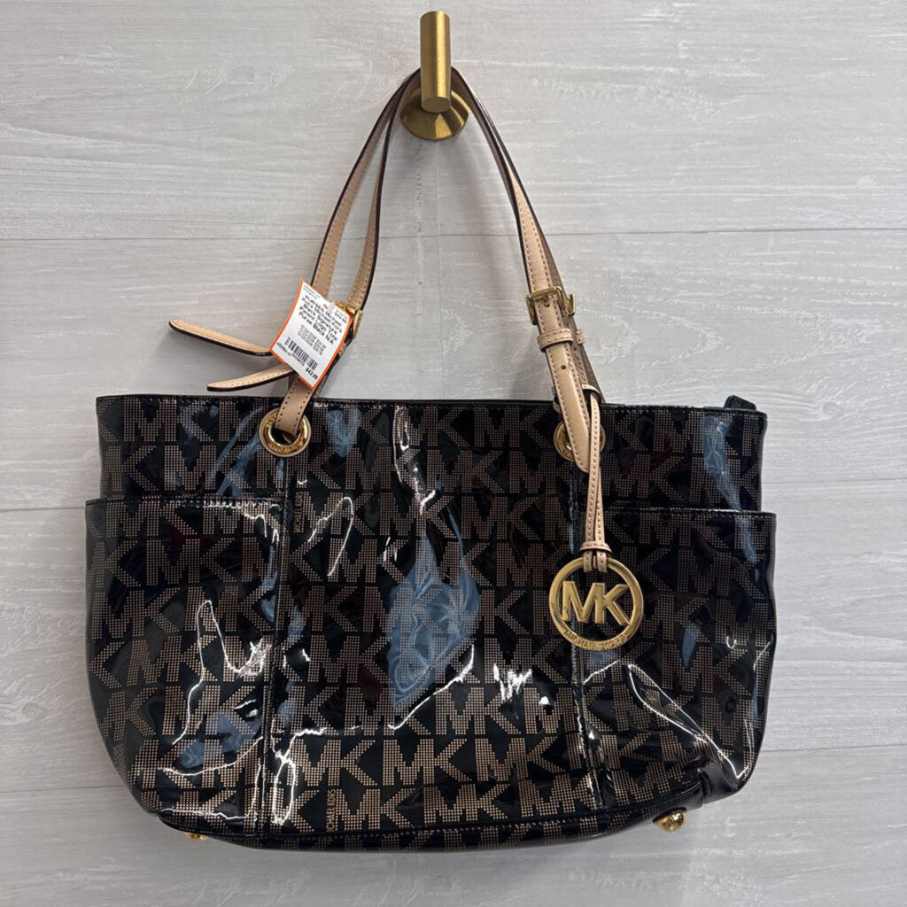 Michael Kors Black Signature Patent Logo Tote Purse