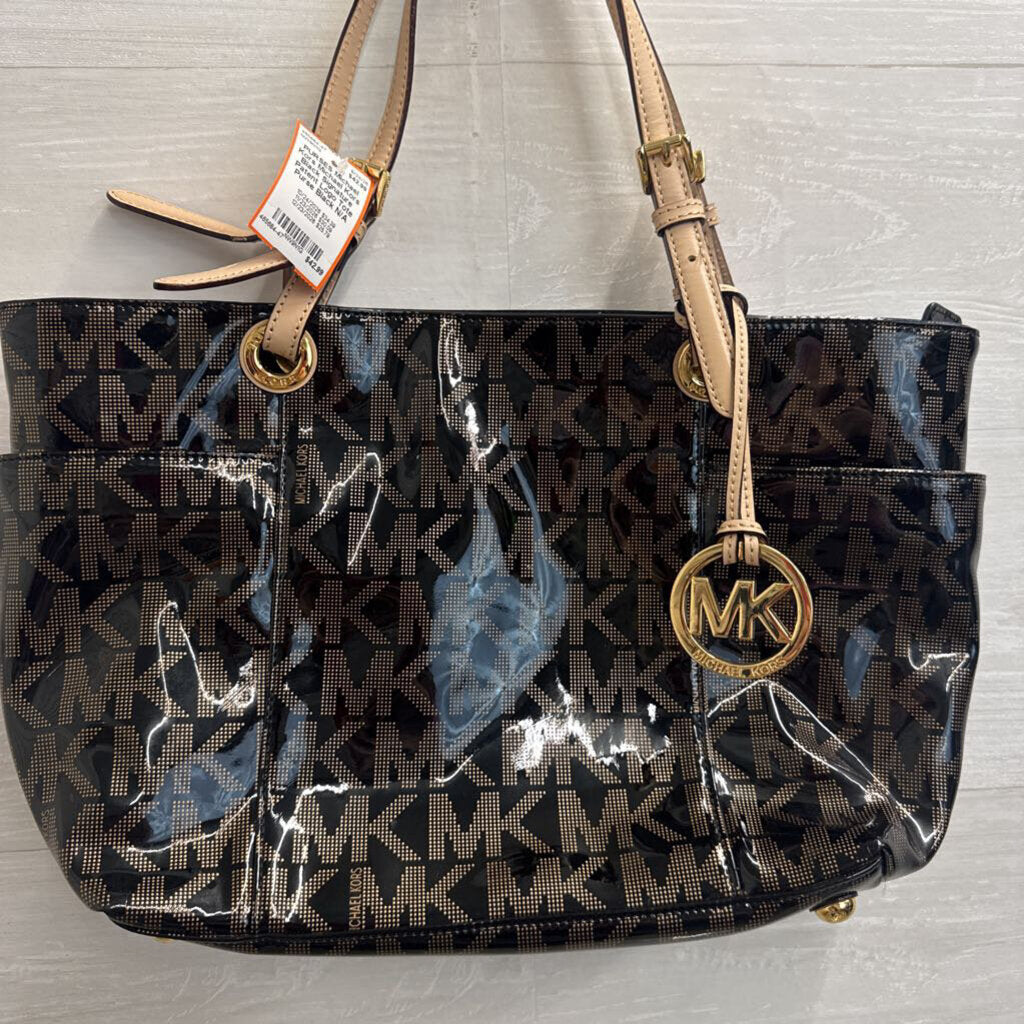 Michael Kors Black Signature Patent Logo Tote Purse