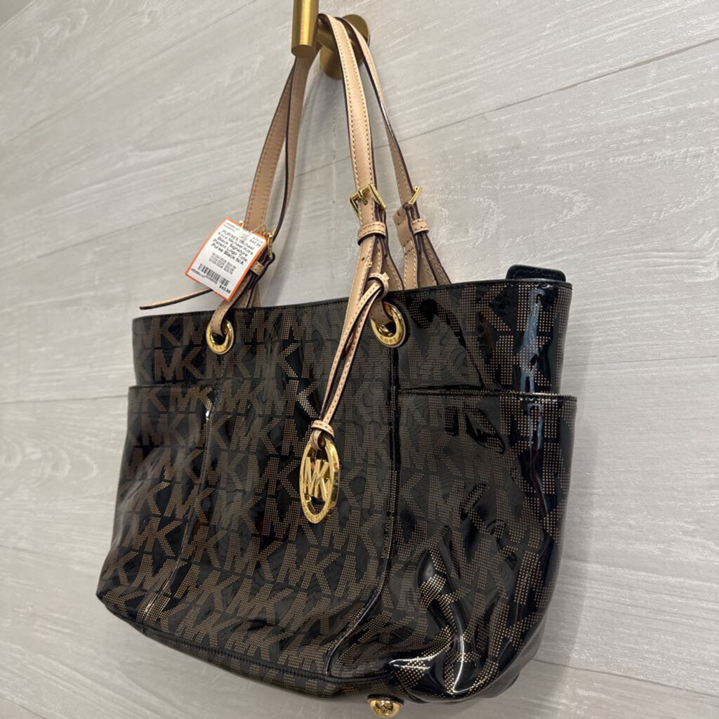 Michael Kors Black Signature Patent Logo Tote Purse