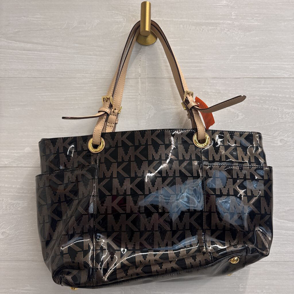 Michael Kors Black Signature Patent Logo Tote Purse