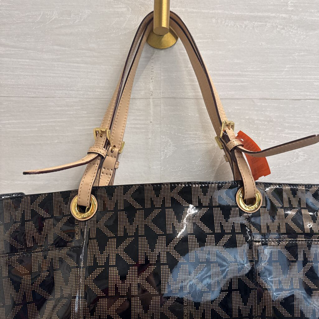 Michael Kors Black Signature Patent Logo Tote Purse