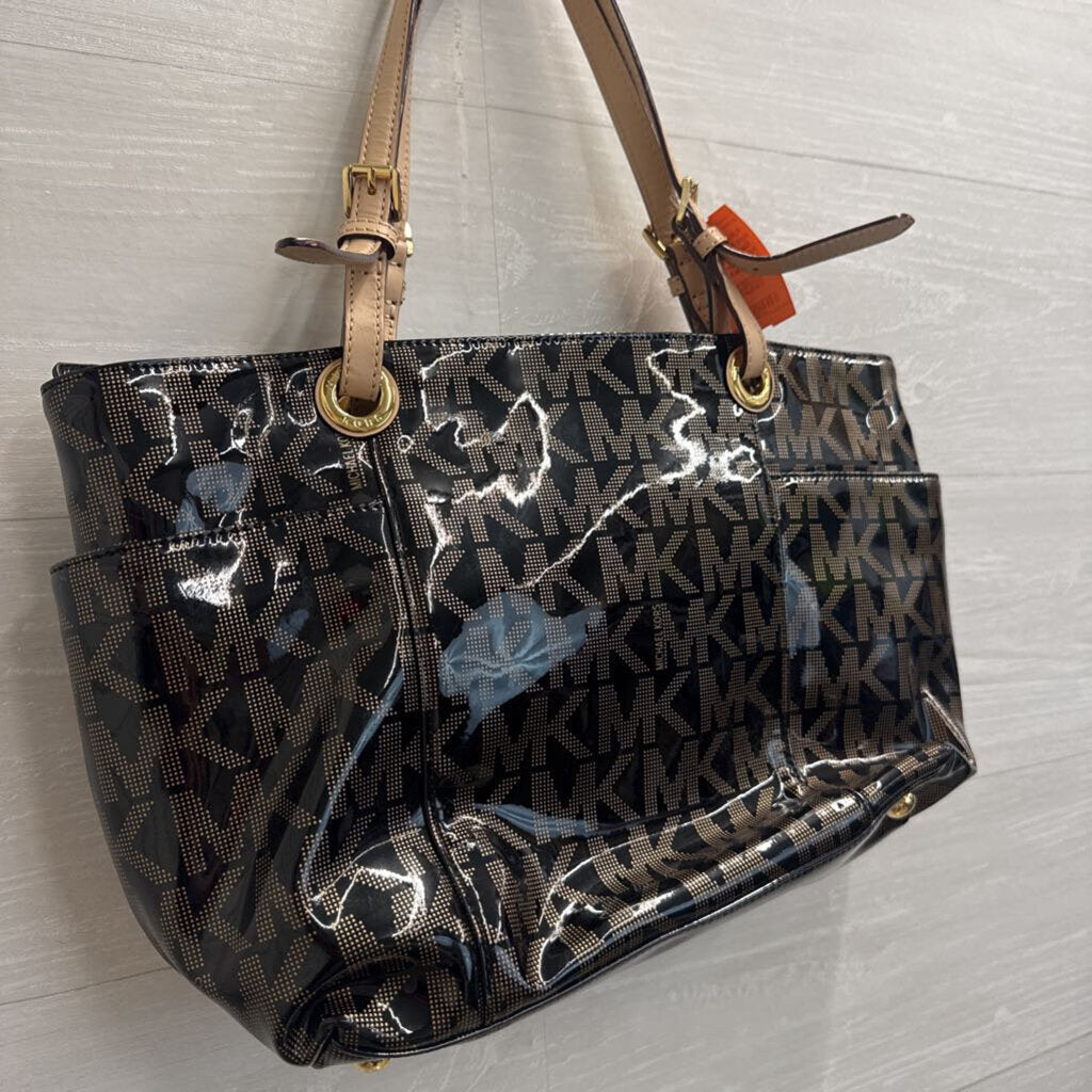 Michael Kors Black Signature Patent Logo Tote Purse