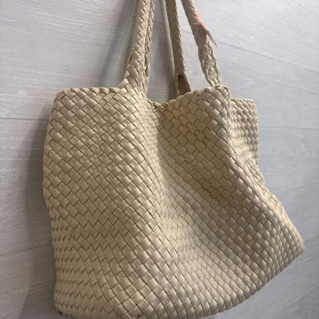Cream Italian Leather Woven Slouchy Shoulder Purse