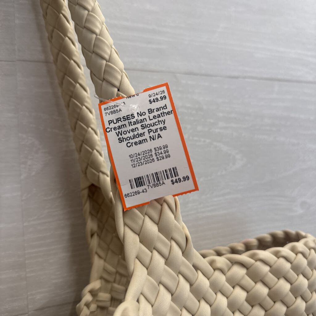 Cream Italian Leather Woven Slouchy Shoulder Purse