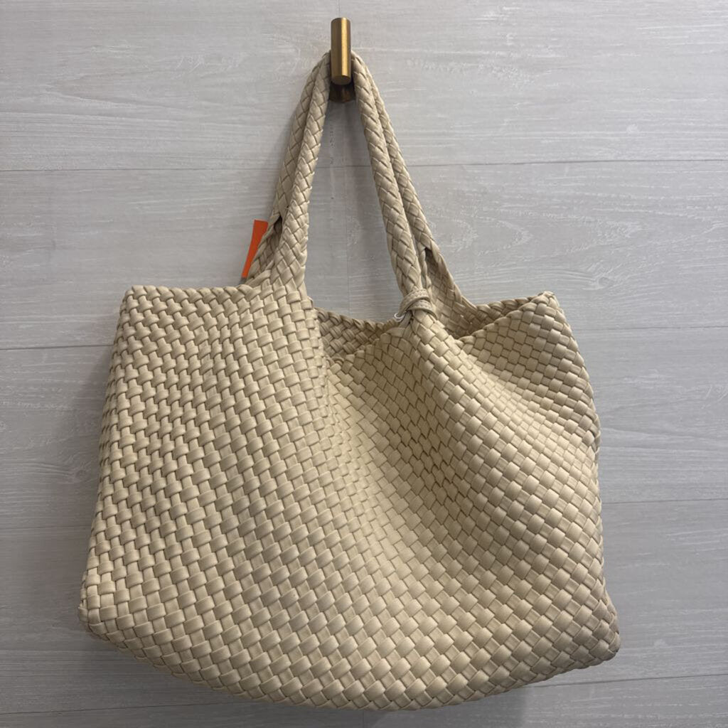 Cream Italian Leather Woven Slouchy Shoulder Purse