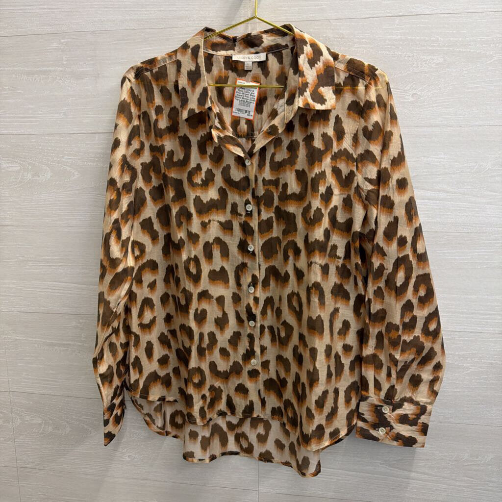 Lucky and CoCo Brown Sheer Leopard Print Long Sleeve Button Down Top Large