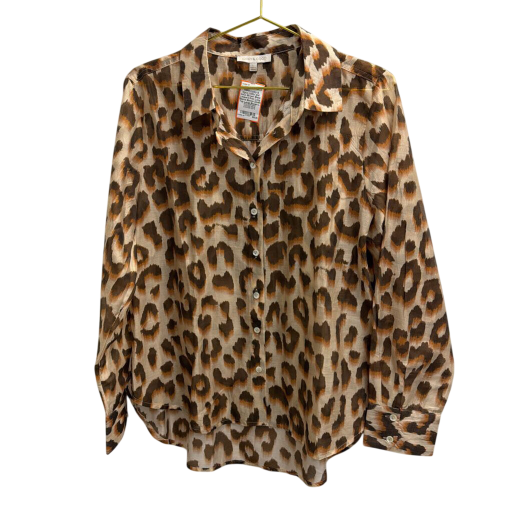 Lucky and CoCo Brown Sheer Leopard Print Long Sleeve Button Down Top Large