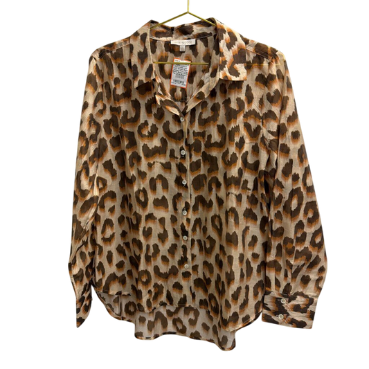 Lucky and CoCo Brown Sheer Leopard Print Long Sleeve Button Down Top Large