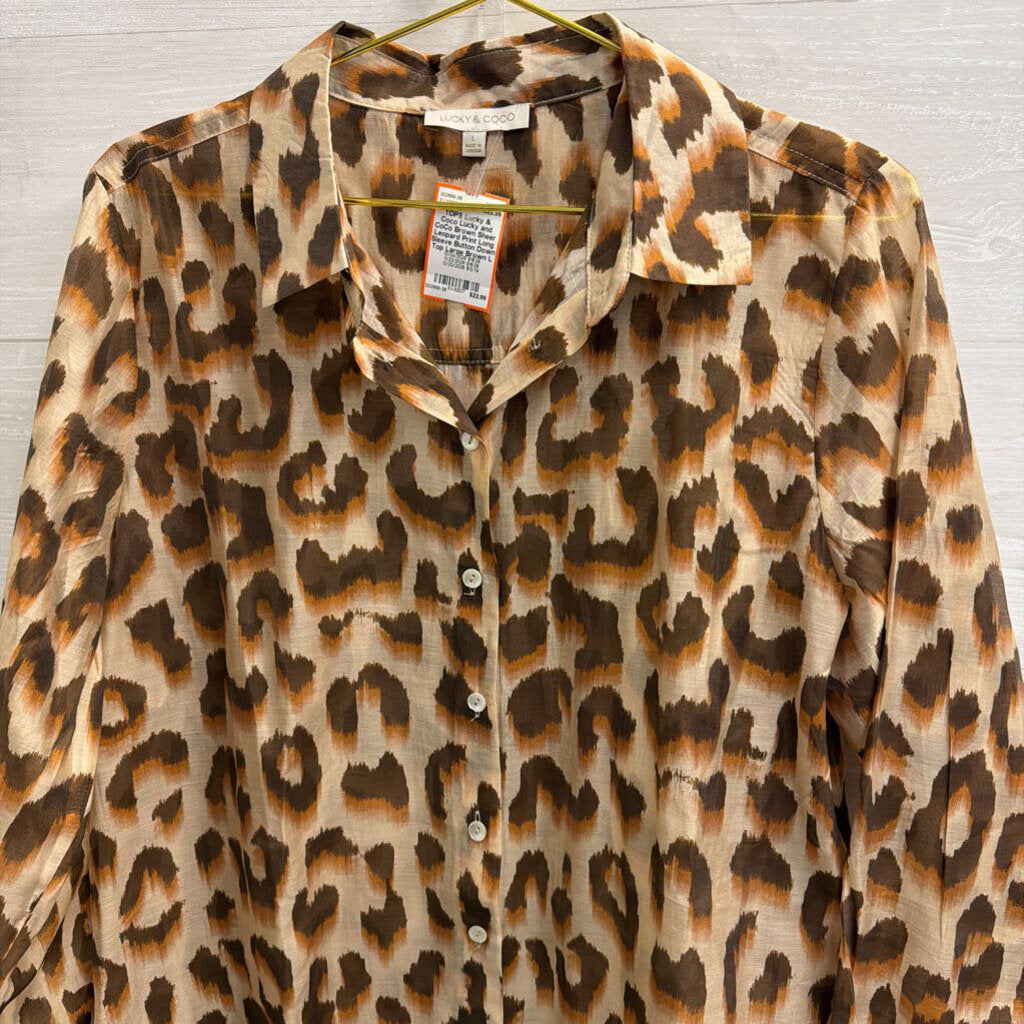 Lucky and CoCo Brown Sheer Leopard Print Long Sleeve Button Down Top Large