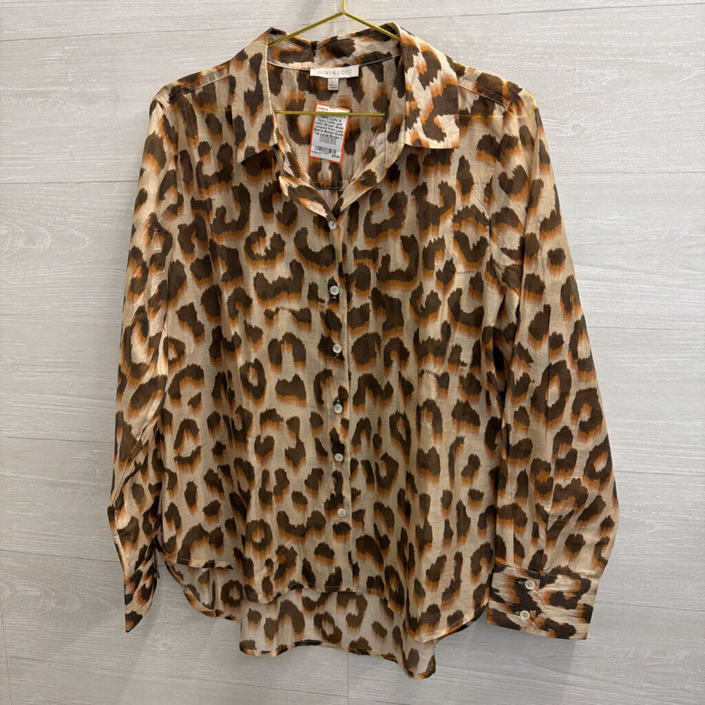 Lucky and CoCo Brown Sheer Leopard Print Long Sleeve Button Down Top Large