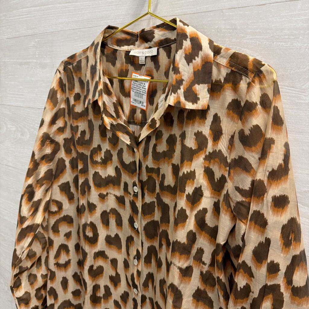 Lucky and CoCo Brown Sheer Leopard Print Long Sleeve Button Down Top Large