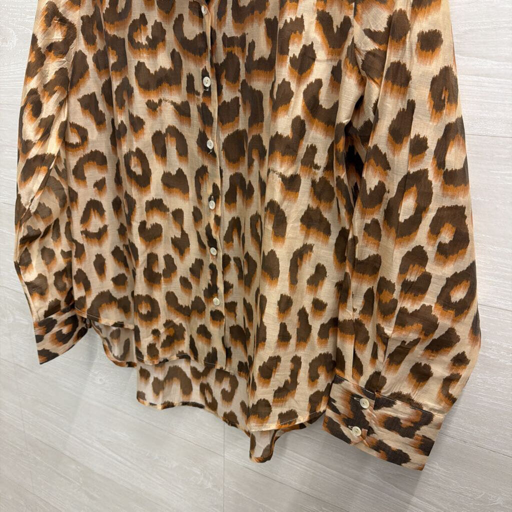 Lucky and CoCo Brown Sheer Leopard Print Long Sleeve Button Down Top Large