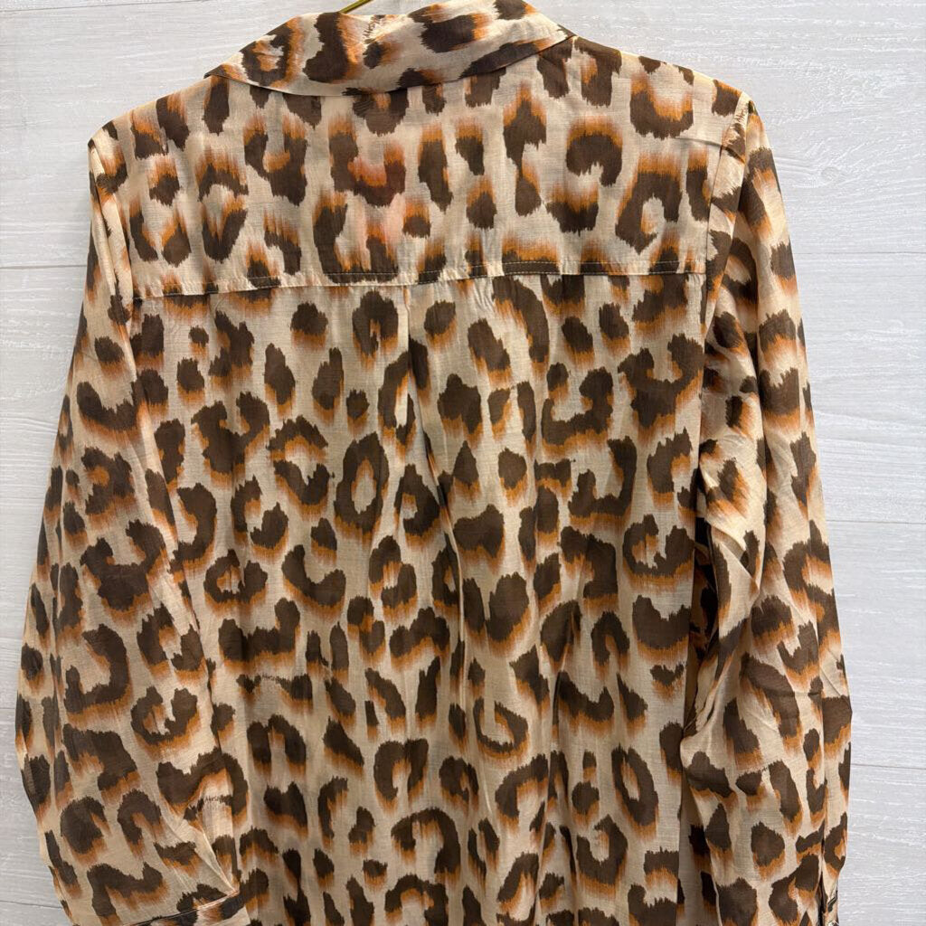 Lucky and CoCo Brown Sheer Leopard Print Long Sleeve Button Down Top Large