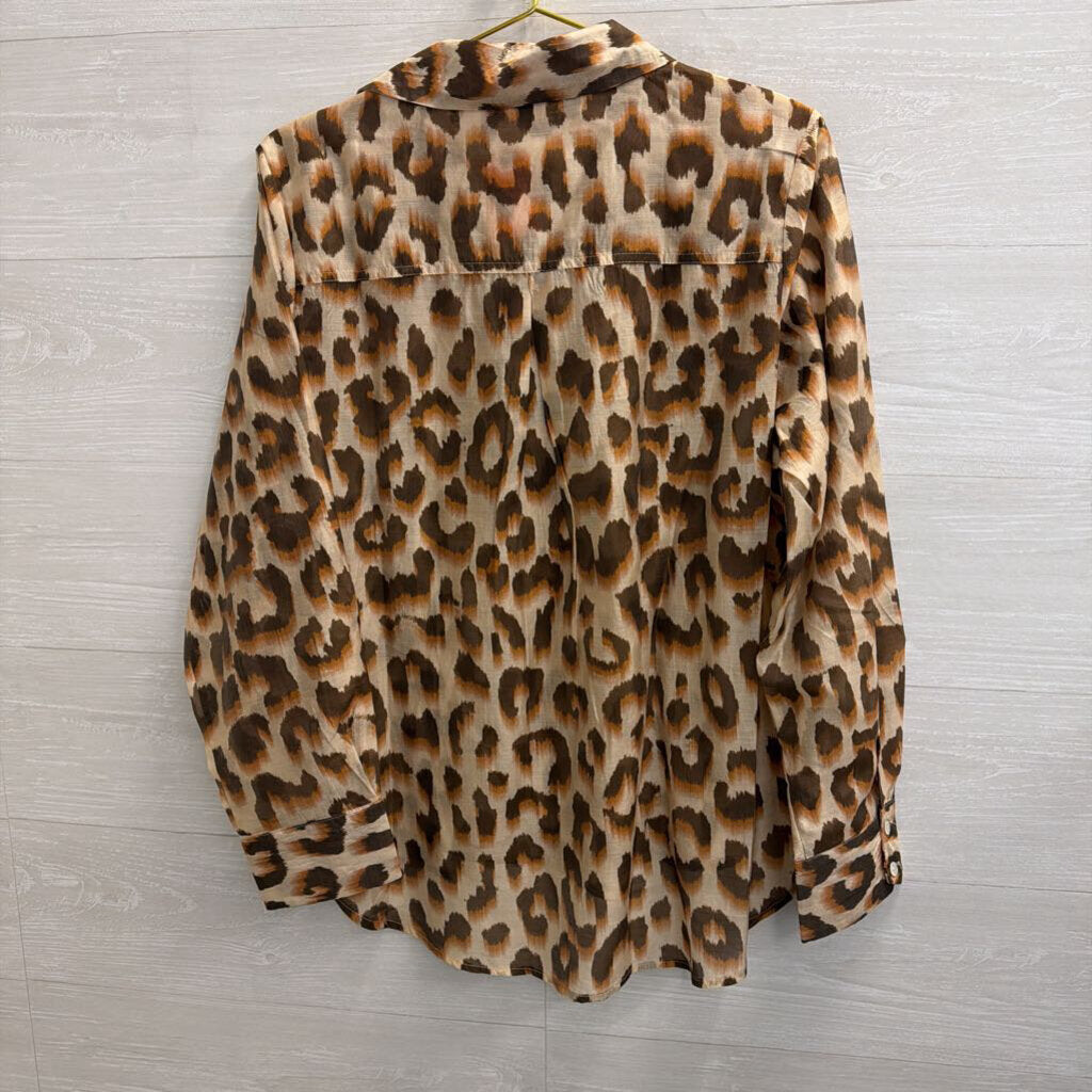 Lucky and CoCo Brown Sheer Leopard Print Long Sleeve Button Down Top Large