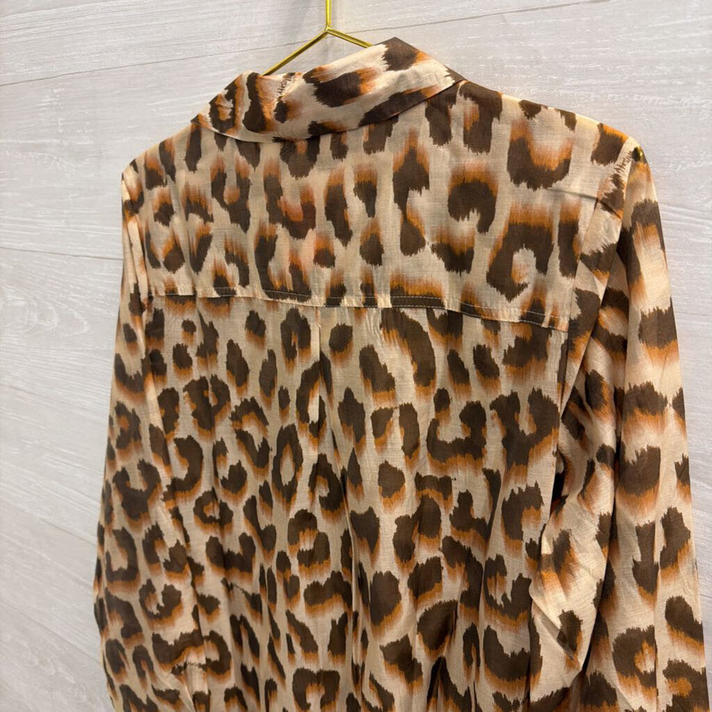 Lucky and CoCo Brown Sheer Leopard Print Long Sleeve Button Down Top Large