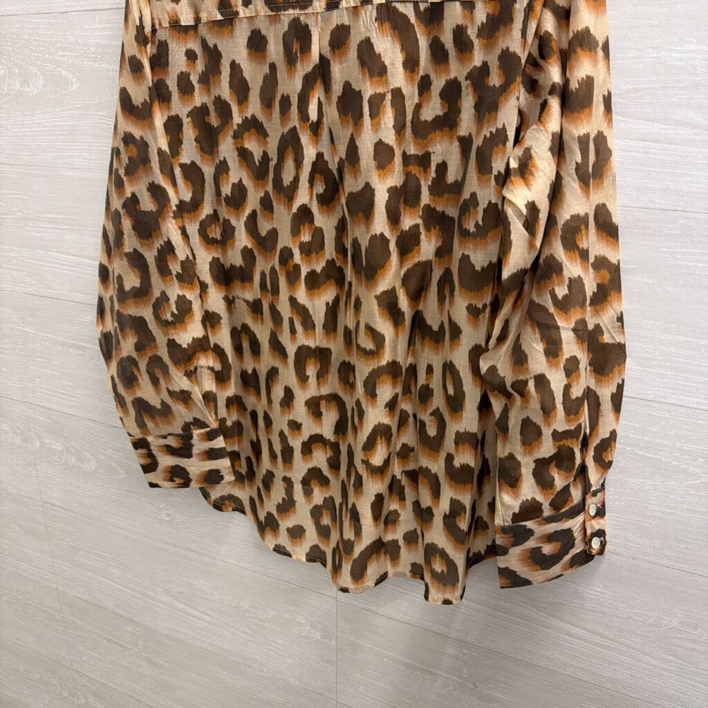 Lucky and CoCo Brown Sheer Leopard Print Long Sleeve Button Down Top Large