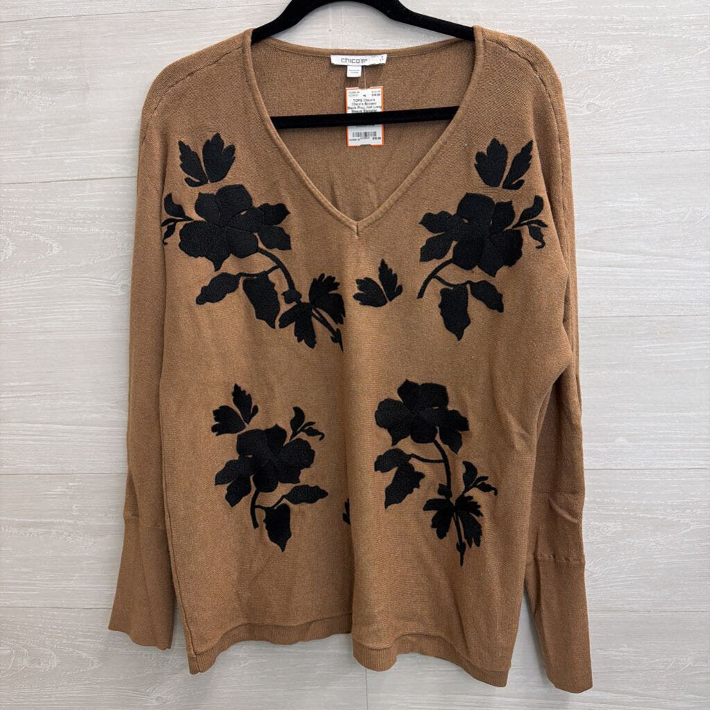 Chico's Brown/ Black Print Knit Long Sleeve Sweater Top Large