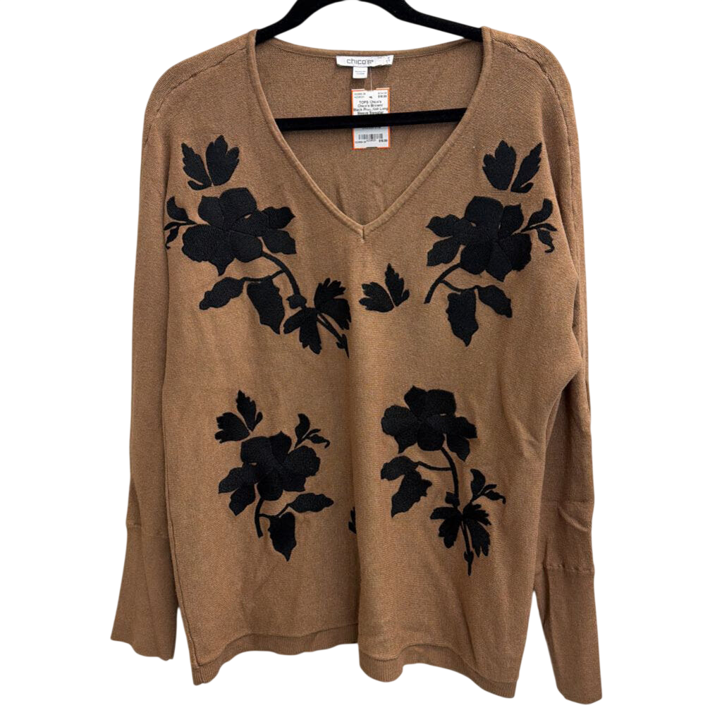 Chico's Brown/ Black Print Knit Long Sleeve Sweater Top Large