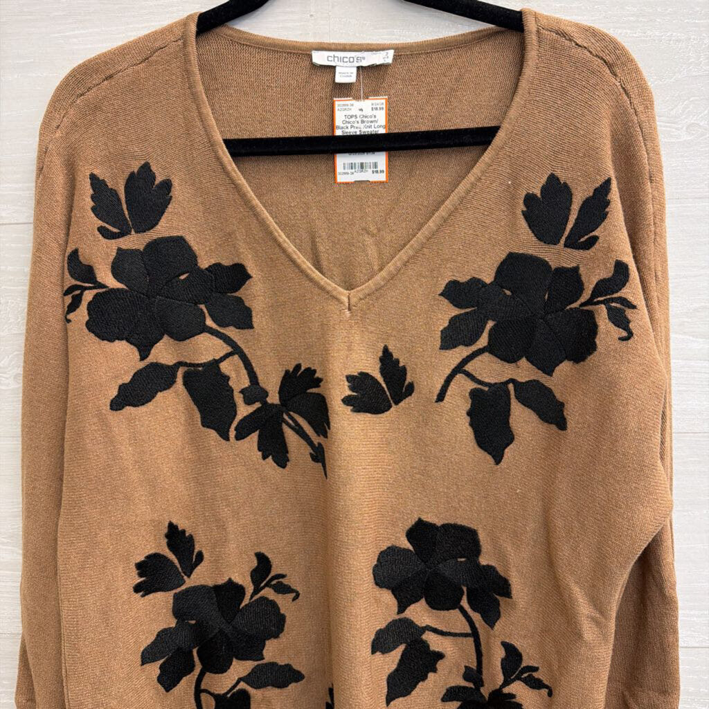 Chico's Brown/ Black Print Knit Long Sleeve Sweater Top Large