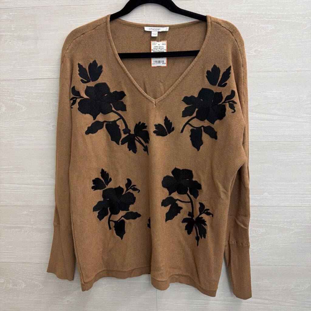 Chico's Brown/ Black Print Knit Long Sleeve Sweater Top Large