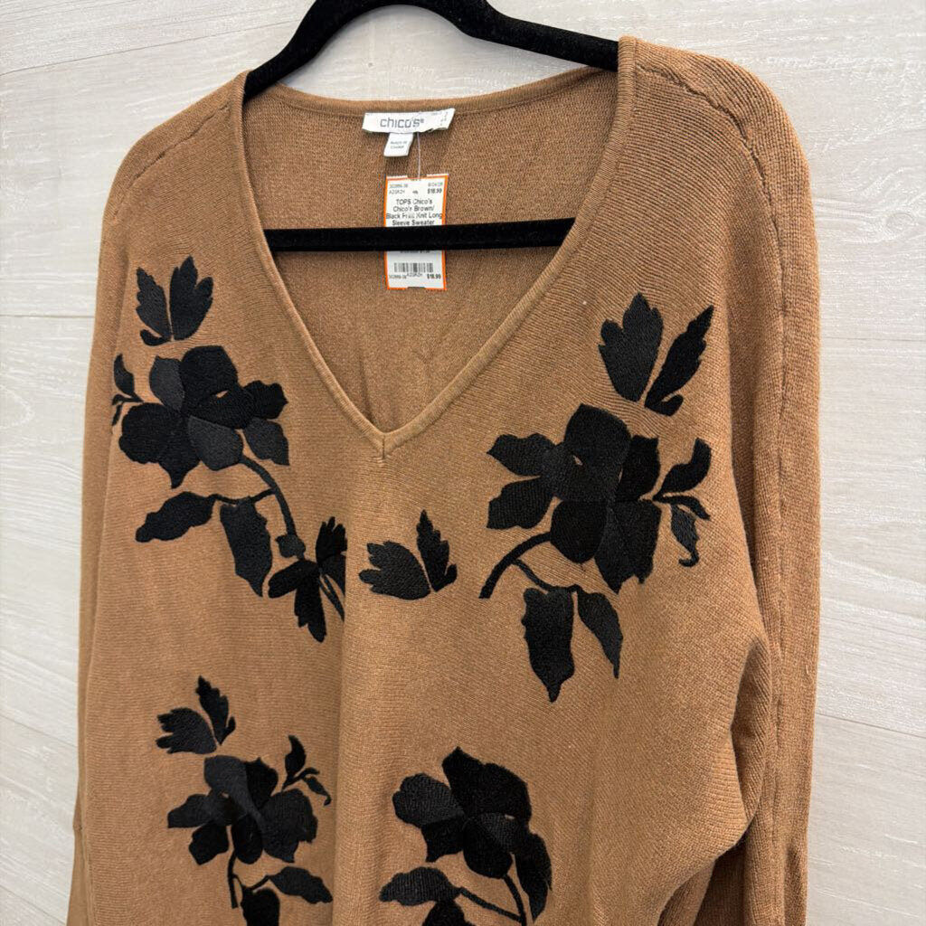 Chico's Brown/ Black Print Knit Long Sleeve Sweater Top Large